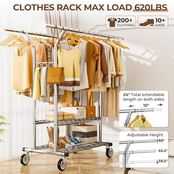 Heavy Duty Clothes Rack, Rolling Clothing Rack With Shelves Load 620 LBS, Double Rod Clothing Racks for Hanging Clothes, Portable& Adjustable Clothes Rack with Wheels Garment Rack - Image 2