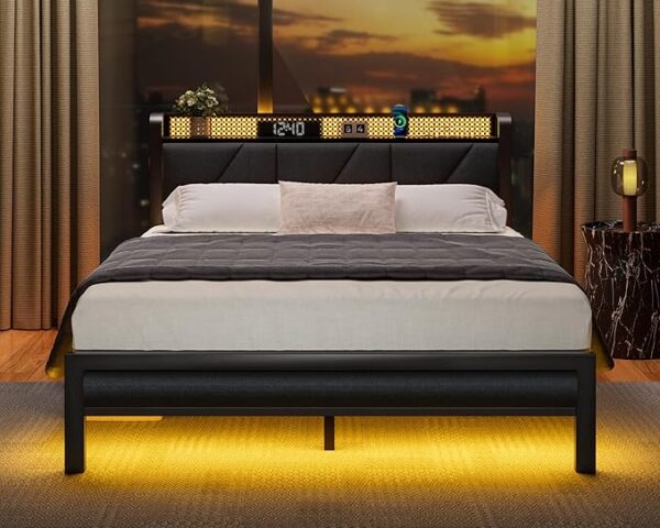 Furnulem Queen Size Bed Frame with Headboard and LED Lights,Upholstered Bedframe with Charging Station and USB Port, Platform Metal Bed Frame,No Box Spring Needed, Noise Free - Image 2