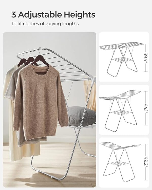 SONGMICS Clothes Drying Rack, with Sock Clips, Metal Laundry Rack, Foldable, Space-Saving, Free-Standing Airer, with Height-Adjustable Gullwings, Indoor Outdoor Use, Silver and White ULLR052W01 - Image 5