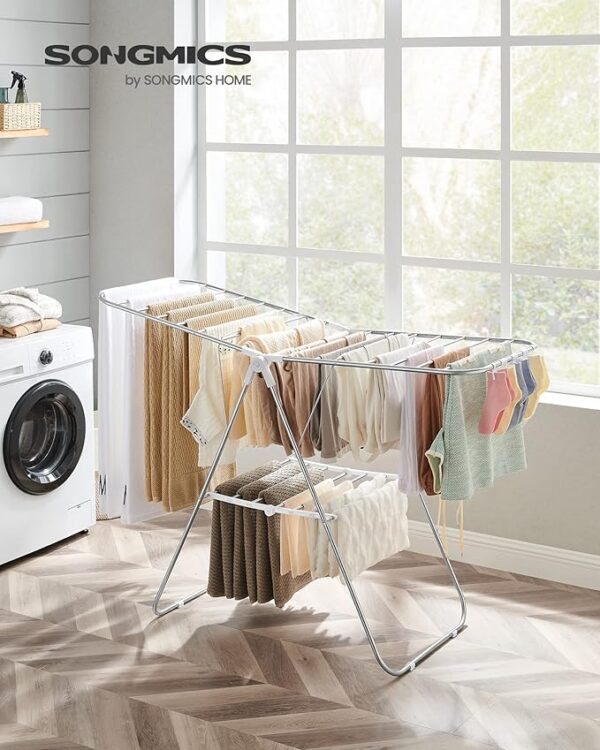 SONGMICS Clothes Drying Rack, with Sock Clips, Metal Laundry Rack, Foldable, Space-Saving, Free-Standing Airer, with Height-Adjustable Gullwings, Indoor Outdoor Use, Silver and White ULLR052W01 - Image 6