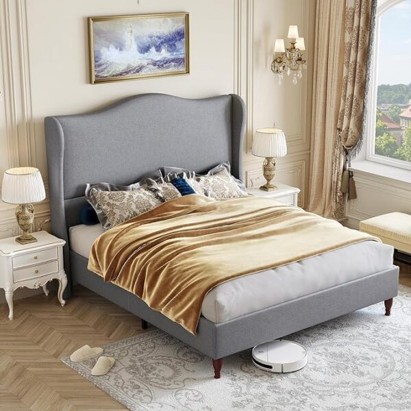 Queen Size Upholstered Bed Frame with 51" Tall Headboard Wingback Platform Bed with Soft Fabric, Retro Simple Style Sleigh Bedframe No Box Spring Needed, Noise-Free/Easy Assembly, Light Grey - Image 5