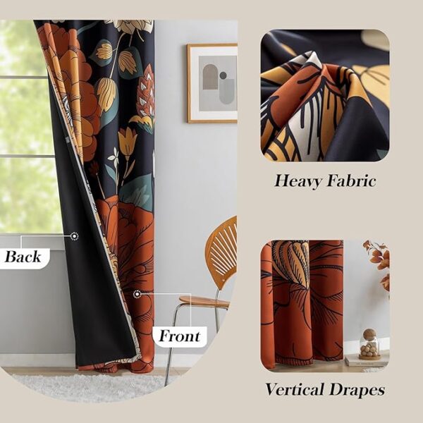 Black Boho Floral 100% Blackout Curtains for Bedroom 84 inch Long 2 Panels Mid Century Botanical Black Out Curtains for Living Room Grommet Thermal Insulated Room Darkening Window Drapes,52Wx84L - Image 4