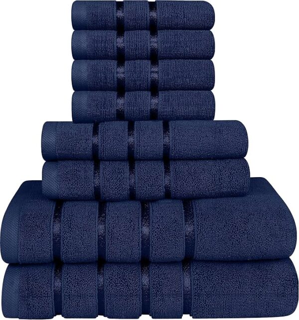 Utopia Towels 8-Piece Luxury Towel Set, 2 Bath Towels, 2 Hand Towels, and 4 Wash Cloths, 600 GSM Ring Spun Cotton Highly Absorbent Viscose Stripe Towels Ideal for Everyday use (Navy)