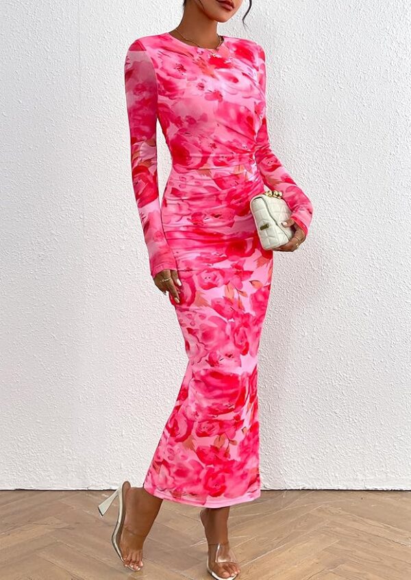 PRETTYGARDEN Women's Bodycon Maxi Dress Fall Spring Fashion Long Sleeve Floral Print Tight Fitted Party Club Ruched Dresses - Image 5