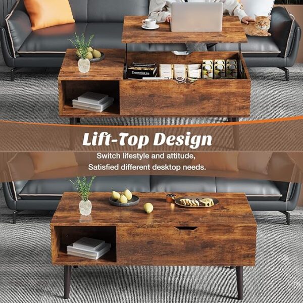 Sweetcrispy Coffee Table, Lift Top Coffee Tables for Living Room, Small Rising Wooden Dining Center Tables with Storage Shelf and Hidden Compartment, Brown - Image 6
