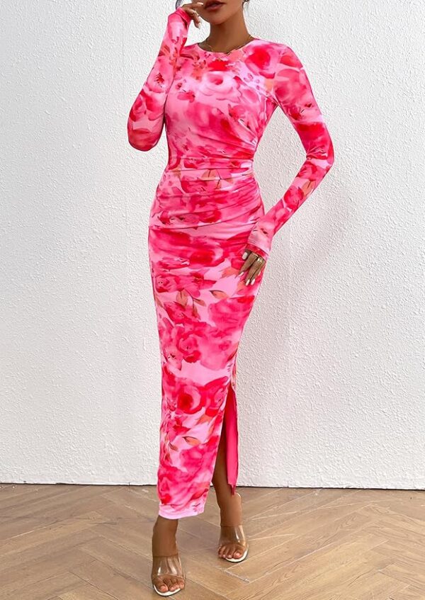 PRETTYGARDEN Women's Bodycon Maxi Dress Fall Spring Fashion Long Sleeve Floral Print Tight Fitted Party Club Ruched Dresses - Image 6
