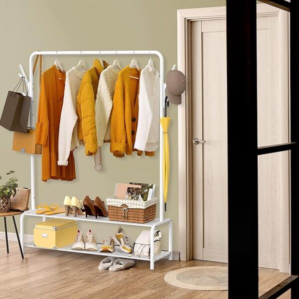 Simple Houseware Garment Rack with Storage Shelves and Coat/Hat Hanging Hooks, White - Image 6