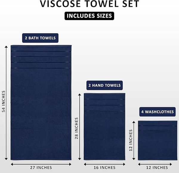 Utopia Towels 8-Piece Luxury Towel Set, 2 Bath Towels, 2 Hand Towels, and 4 Wash Cloths, 600 GSM Ring Spun Cotton Highly Absorbent Viscose Stripe Towels Ideal for Everyday use (Navy) - Image 2