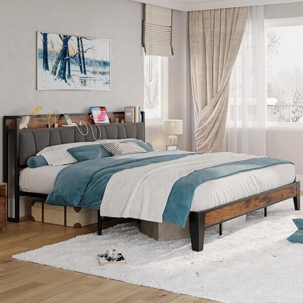 LIKIMIO California King Bed Frames, Storage Headboard with Charging Station, Solid and Stable, Noise Free, No Box Spring Needed, Easy Assembly - Image 4