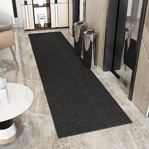 Ottomanson Solid Design Non-Slip Rubberback 3x12 Indoor/Outdoor Runner Rug for Hallway, Kitchen, Living Room, Garage, Patio, 2'7" x 12', Black