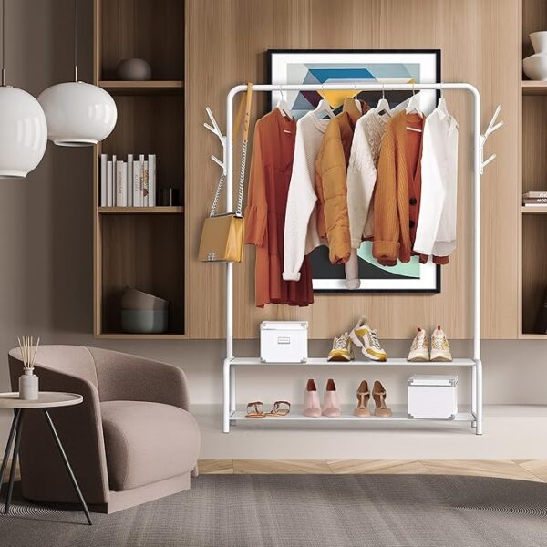 Simple Houseware Garment Rack with Storage Shelves and Coat/Hat Hanging Hooks, White - Image 4