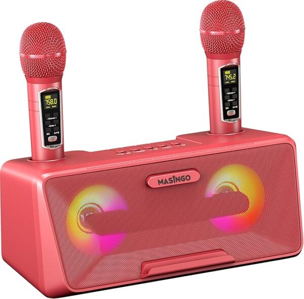 MASINGO Karaoke Machine for Adults and Kids with 2 Wireless Microphones, Portable Bluetooth Singing Speaker, Colorful LED Lights, PA System, Lyrics Display Phone Holder, and TV Cable. Presto G2 Pink