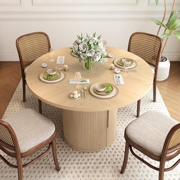 47 inch Round Dining Table for 4, Kitchen Table Dinner Table with 2-Layer Storage Shelf and Wood Slide Door for Home Dining Room Living Room (Natural) - Image 4