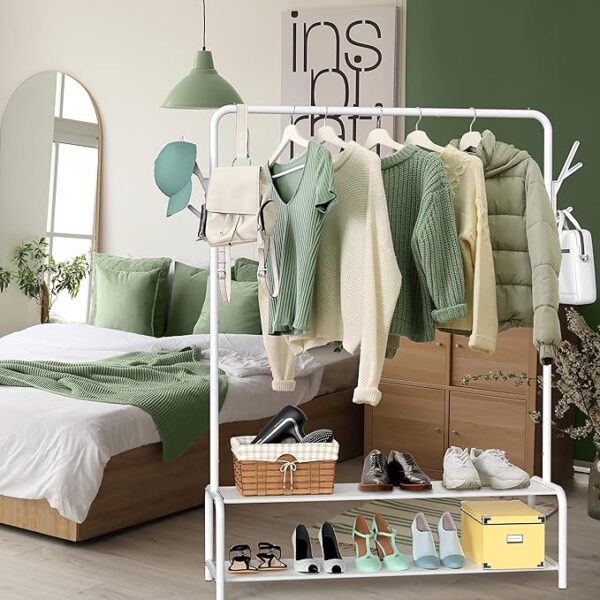 Simple Houseware Garment Rack with Storage Shelves and Coat/Hat Hanging Hooks, White - Image 5