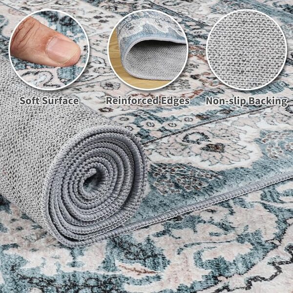 Foxmas 6x9 Area Rugs for Living Room, Machine Washable Vintage Rug, Non-Slip Low Pile Throw Rugs with Rubber Backing Washable Carpet for Bedroom Dining Room Kitchen Home Decor, Blue - Image 3