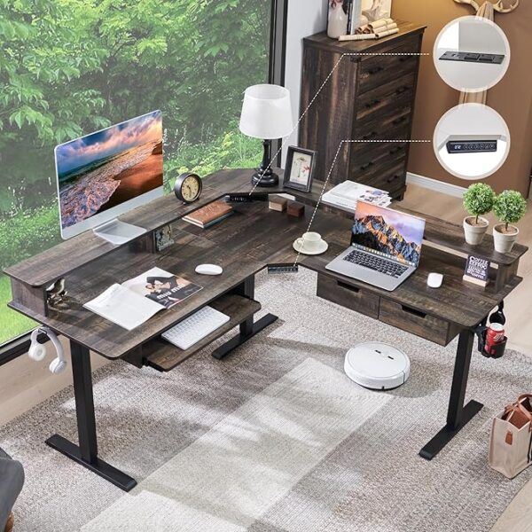 RedLemon 60 Inches L Shaped Electric Standing Desk,Height Adjustable Corner Gaming Desk with Drawers, Keyboard Tray, Power Outlets & LED Lights, Comnputer Desk with Monitor Shelf, Dark Rustic Oak