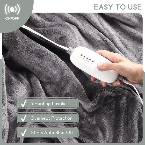 Heated Blanket Electric Blanket Full Size 72''x84'', Soft Flannel Heating Blanket with 10 Hour Auto Off - 5 Heat Settings - Machine Washable - Light Grey - Image 3