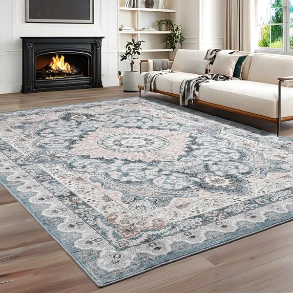 Foxmas 6x9 Area Rugs for Living Room, Machine Washable Vintage Rug, Non-Slip Low Pile Throw Rugs with Rubber Backing Washable Carpet for Bedroom Dining Room Kitchen Home Decor, Blue - Image 2