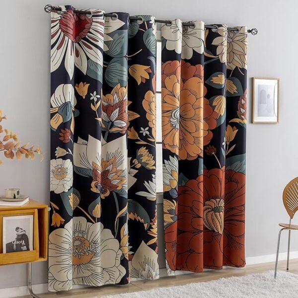 Black Boho Floral 100% Blackout Curtains for Bedroom 84 inch Long 2 Panels Mid Century Botanical Black Out Curtains for Living Room Grommet Thermal Insulated Room Darkening Window Drapes,52Wx84L - Image 3