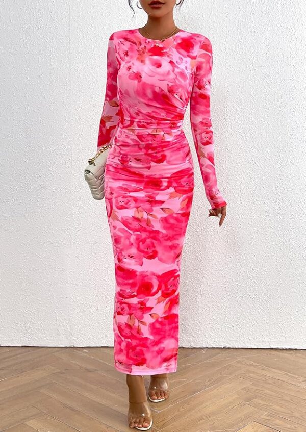 PRETTYGARDEN Women's Bodycon Maxi Dress Fall Spring Fashion Long Sleeve Floral Print Tight Fitted Party Club Ruched Dresses - Image 3