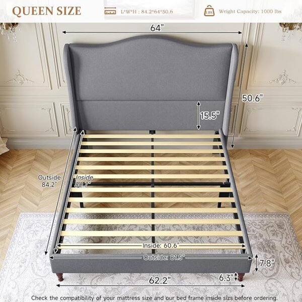 Queen Size Upholstered Bed Frame with 51" Tall Headboard Wingback Platform Bed with Soft Fabric, Retro Simple Style Sleigh Bedframe No Box Spring Needed, Noise-Free/Easy Assembly, Light Grey - Image 4