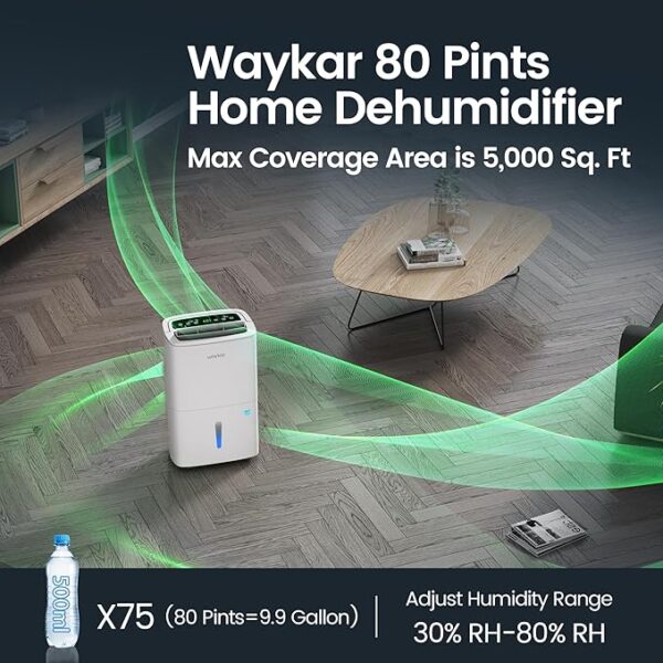 Waykar 80 Pints Energy Star Home Dehumidifier for Spaces up to 5,000 Sq. Ft at Home, in Basements and Large Rooms with Drain Hose, Handle, Auto Defrost and Self-Drying. - Image 4
