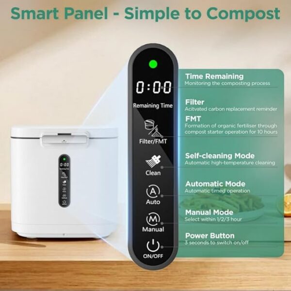 4L Electric Composter for Kitchen, Smart Compost Bin Outdoor/Indoor, Odorless/Auto-Cleaning/ 3 Modes/Intelligent LED Display, Turn Food Waste to Fertilizer for Garden, Food Waste Compost Machine - Image 3
