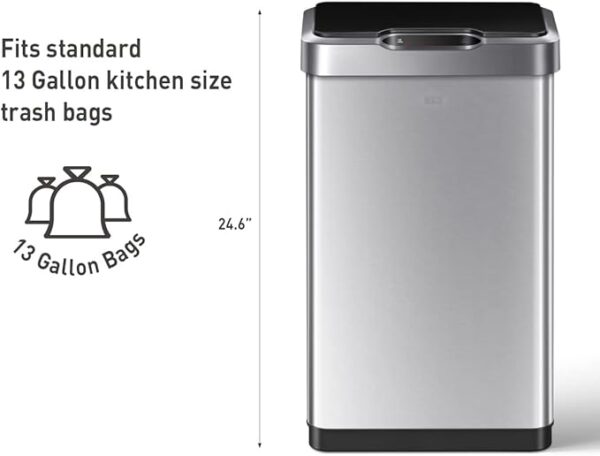 EKO Mirage-T 50 Liter / 13.2 Gallon Touchless Rectangular Motion Sensor Trash Can, Brushed Stainless Steel Finish - Image 2