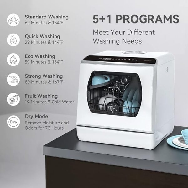 Hermitlux Countertop Dishwasher, 5 Washing Programs Portable Dishwasher With 5-Liter Built-in Water Tank For Glass Door - Image 6