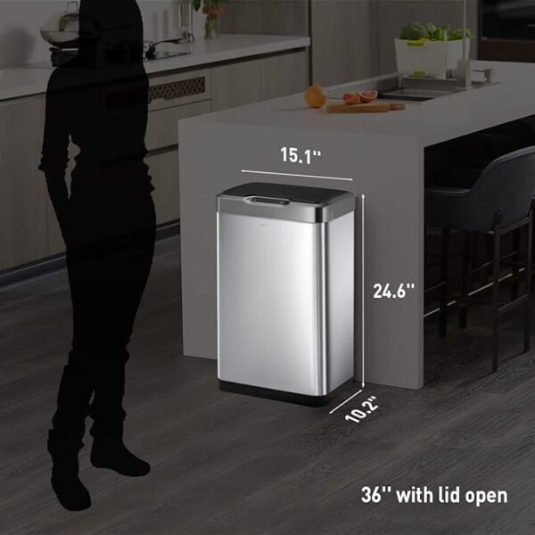 EKO Mirage-T 50 Liter / 13.2 Gallon Touchless Rectangular Motion Sensor Trash Can, Brushed Stainless Steel Finish - Image 6
