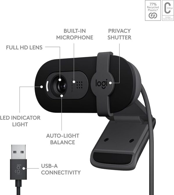 Logitech Brio 101 Full HD 1080p Webcam Made for Meetings and Works for Streaming — Auto-Light Balance, Built-in Mic, Privacy Shutter, USB-A, for Microsoft Teams, Google Meet, Zoom, and More - Black - Image 5