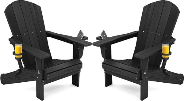 SERWALL HDPE Folding Adirondack Chair with Dual Cup Holder - Composite Adirondack Chair Set of 2- Black