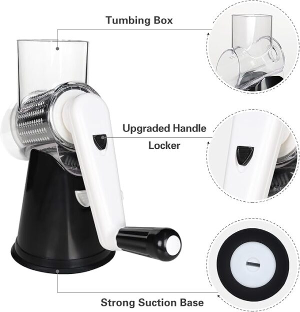 Cambom Rotary Cheese Grater Hand Crank Cheese Shredder for Fresh Cheese, Vegetable, Nuts,Non-slip Suction Base, Free Cleaning Brush Three Blades, Black - Image 2