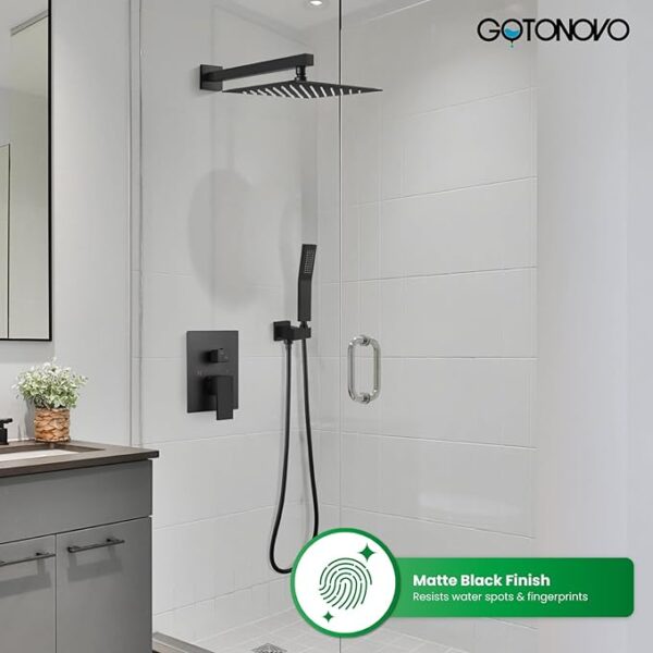 gotonovo Rainfall Bathroom Shower System Rain Shower Head and Handle Set Wall Mounted Shower Complete Combo Solid Brass Pressure Balancing Shower Mixer Valve 12 Inch Matte Black - Image 5
