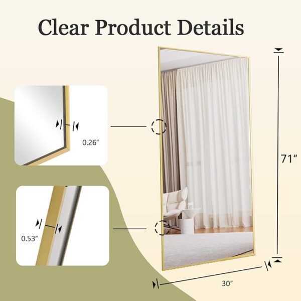BEAUTYPEAK 71"x30" Rectangle Floor Mirror, Full Length Mirror Wall Mirror Hanging or Leaning, Aluminum Alloy Frame Full Body Mirror for Bedroom, Dressing Room, Gold - Image 2