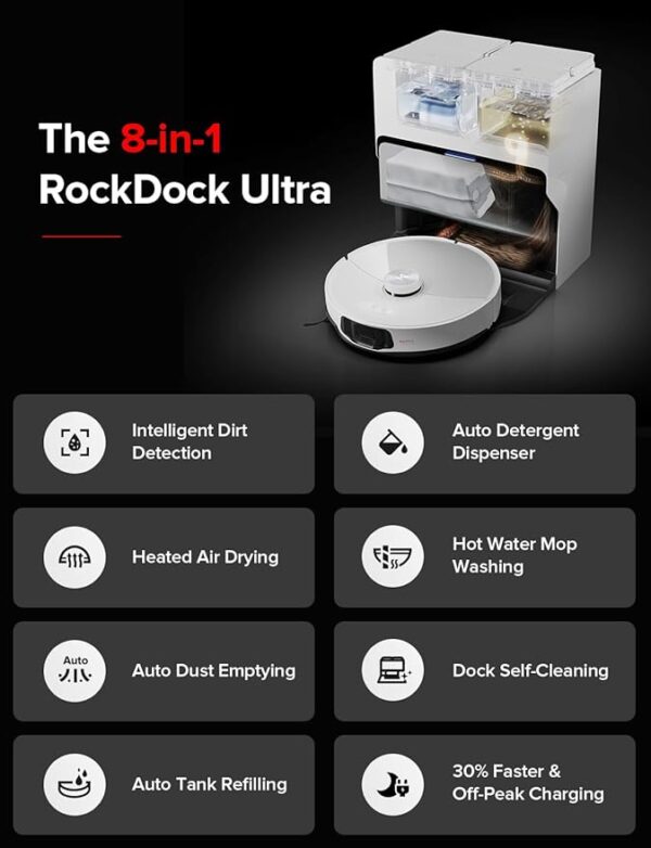 roborock S8 MaxV Ultra Robot Vacuum & Sonic Mop, 10000 Pa Suction, Corner to Edge Deep Cleaning, Hot Air Self-Drying, Auto Empty & Refill, Detergent Dispenser, Obstacle Avoidance,White - Image 3