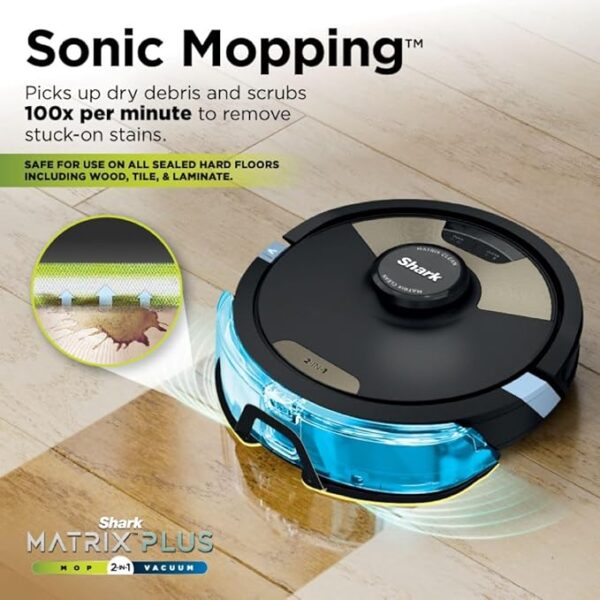 Shark Robot Vacuum & Mop Combo, Powerful Suction, Matrix Plus, 60-Day Debris Capacity, HEPA Bagless Self Empty Base, Sonic Mopping, Home Mapping for Pet Hair, Carpets & Hardfloor, Black/Gold, AV2610WA - Image 2