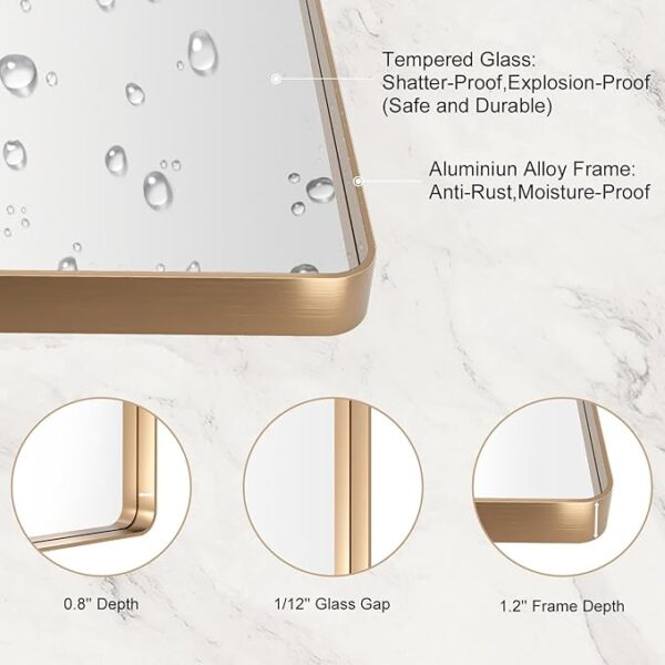 LOAAO 24”X36” Gold Bathroom Mirror, Rounded Rectangle Gold Frame Mirror, Brushed Gold Bathroom Vanity Mirror Wall-Mounted, Anti-Rust, Tempered Glass, Hangs Horizontally or Vertically - Image 2