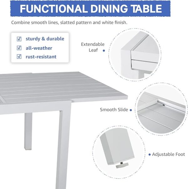 Soleil Jardin 7-Piece Outdoor Patio Dining Set, 35" - 71" Aluminum Expandable Outdoor Dining Table Set for 6, 6 Stackable Chairs with Gray Removable Cushions, White - Image 2