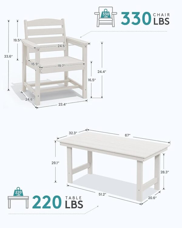 SERWALL 7-Piece Patio Dining Table Sets, Outdoor HDPE Dining Furniture Set with Umbrella Hole Cut-Out Table and 6 Chairs, White - Image 6