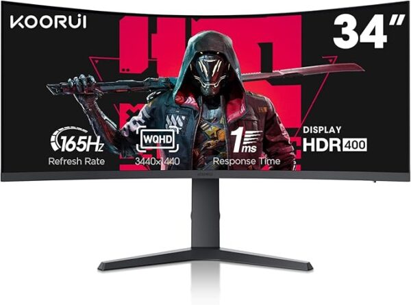 KOORUI 34-inch Ultrawide Curved WQHD 3440×1440 Gaming Monitor, 165Hz 144Hz Curved 1000R- PIP/PBP, 1ms(MPRT) with DisplayHDR 400, DCI-P3 90% Color Gamut, FreeSync Premium, HDMI/DisplayPort, 34E6UC