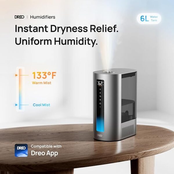 Dreo 6L Humidifiers for Bedroom, Smart Warm & Cool Mist for Large Room, 60Hr Quiet Runtime Ultrasonic Oil Diffuser for Baby, Plant, Humidity Sensor, Indicator Light, 12H Timer, Google/Alexa, HM713S - Image 2