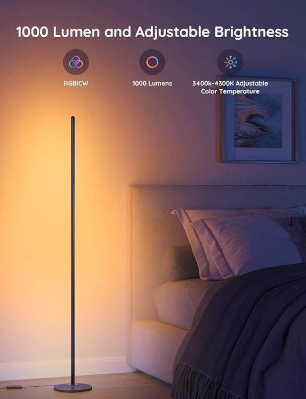 Govee RGBIC Floor Lamp, LED Corner Lamp Works with Alexa, 1000 Lumen Smart Modern Floor Lamp with Music Sync and 16 Million DIY Colors, Color Changing Standing Floor Lamp for Bedroom Living Room Black - Image 4