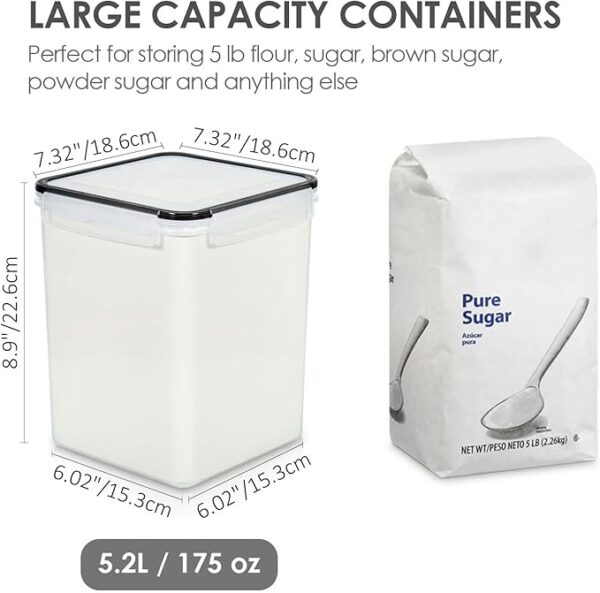Vtopmart 4 PCS Large Food Storage Containers 5.2L / 175oz, 4 Pieces BPA Free Plastic Airtight Canisters for Flour, Sugar, Baking Supplies, Rice with Lids, 4 Measuring Cups and 24 Labels, Black - Image 5