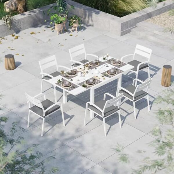 Soleil Jardin 7-Piece Outdoor Patio Dining Set, 35" - 71" Aluminum Expandable Outdoor Dining Table Set for 6, 6 Stackable Chairs with Gray Removable Cushions, White - Image 3
