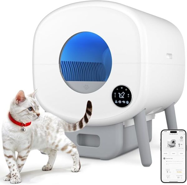 Self Cleaning Litter Box, 95 L Automatic Cat Litter Box Self Cleaning for Multiple Cats, with Safety Protection, App Control,1 Roll Garbage Bags,White & Grey