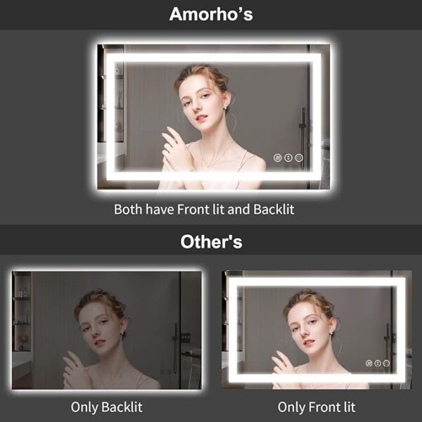 Amorho LED Bathroom Mirror 55''x 36'' with Front and Backlight, Large Dimmable Wall Mirrors with Anti-Fog, Shatter-Proof, Memory, 3 Colors, Double LED Vanity Mirror - Image 2