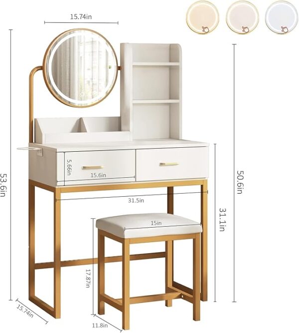 Makeup Vanity Desk with Round Mirror and Lights, White Vanity Makeup Table, Small Vanity Table for Bedroom with Lots Storage, 3 Lighting Modes, 31.5in(L) - Image 6