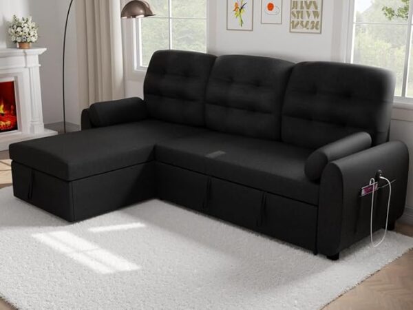 Ucloveria Sectional Sofa Couch, 87" Sleeper Sofa Bed with Reversible Storage Chaise Pull Out Couch for Living Room | Side Pocket | Charging Station | Removable Backrest | Linen Fabric, Black - Image 6