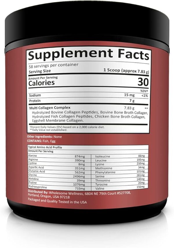 Multi Collagen Protein Powder Hydrolyzed (Type I II III V X) Grass-Fed All-in-One Super Bone Broth + Collagen Peptides - Premium Blend of Beef, Chicken, Wild Fish, Eggshell, 58 Servings, Unflavoured - Image 3
